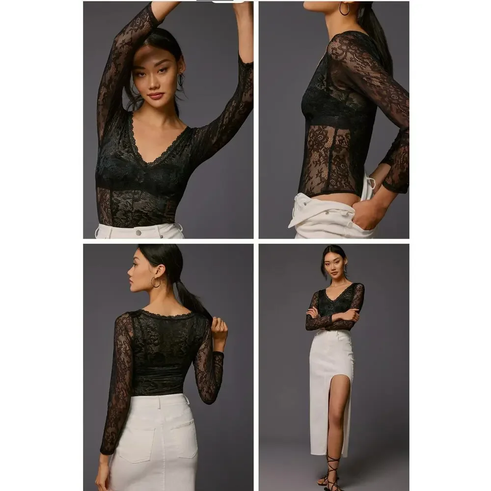 Anthropologie Long-Sleeve Sheer Lace Bodysuit Black Size XL NEW - Picture 2 of 9